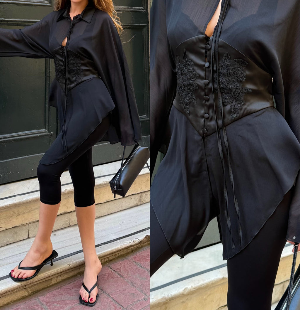 White Sheer Tie-Front Corset Blouse