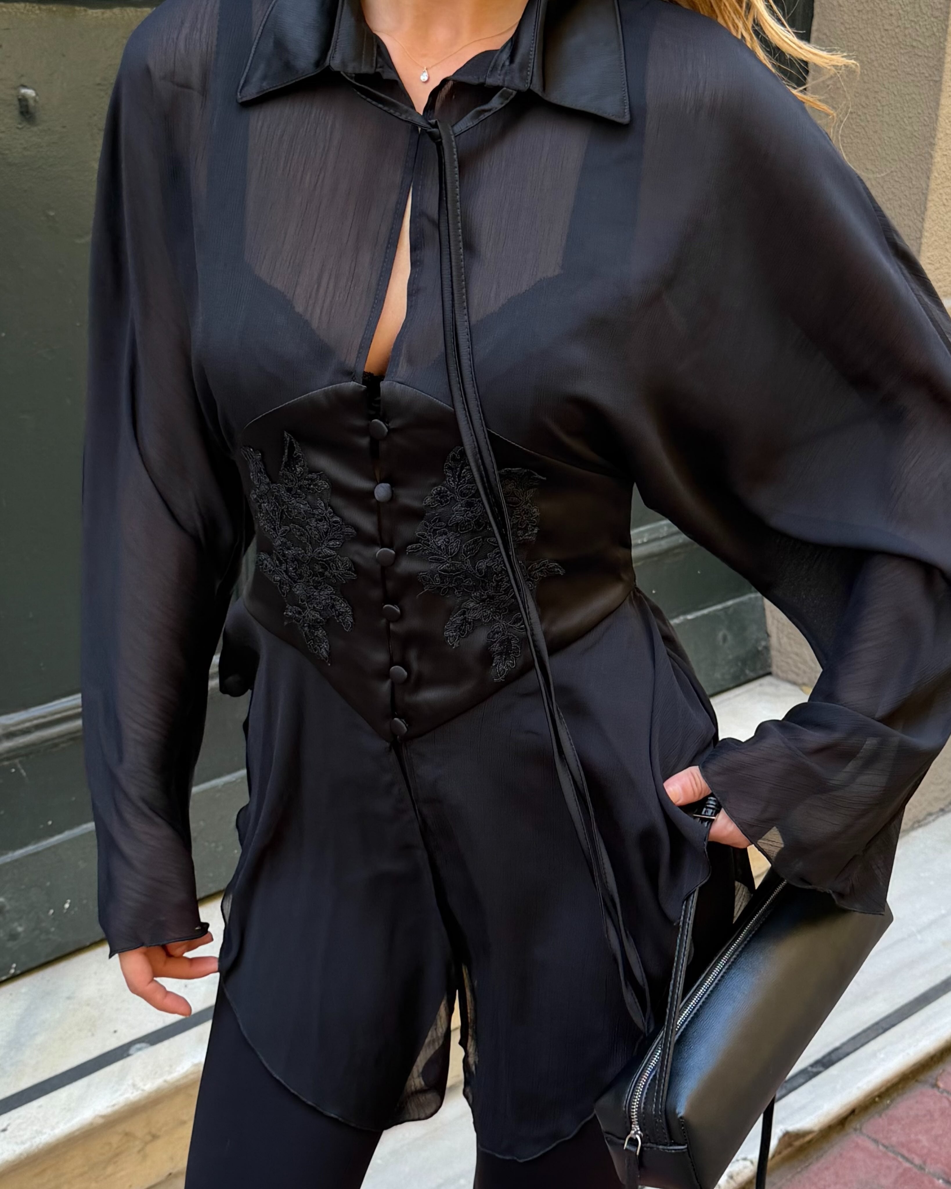 White Sheer Tie-Front Corset Blouse