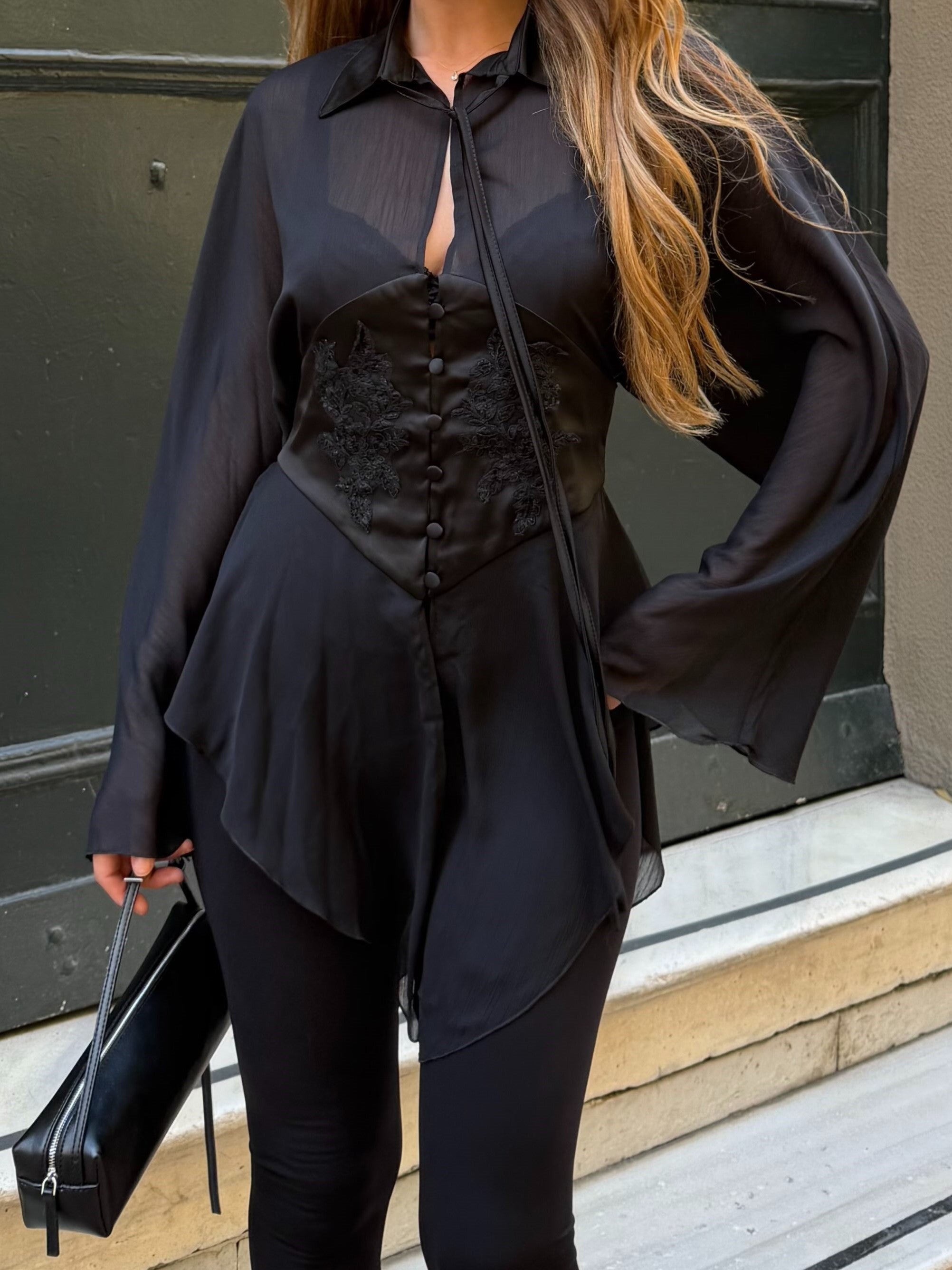 White Sheer Tie-Front Corset Blouse