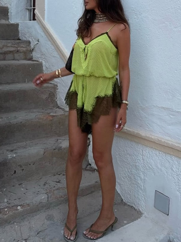 Lime Green Lace Trim V-Neck Romper