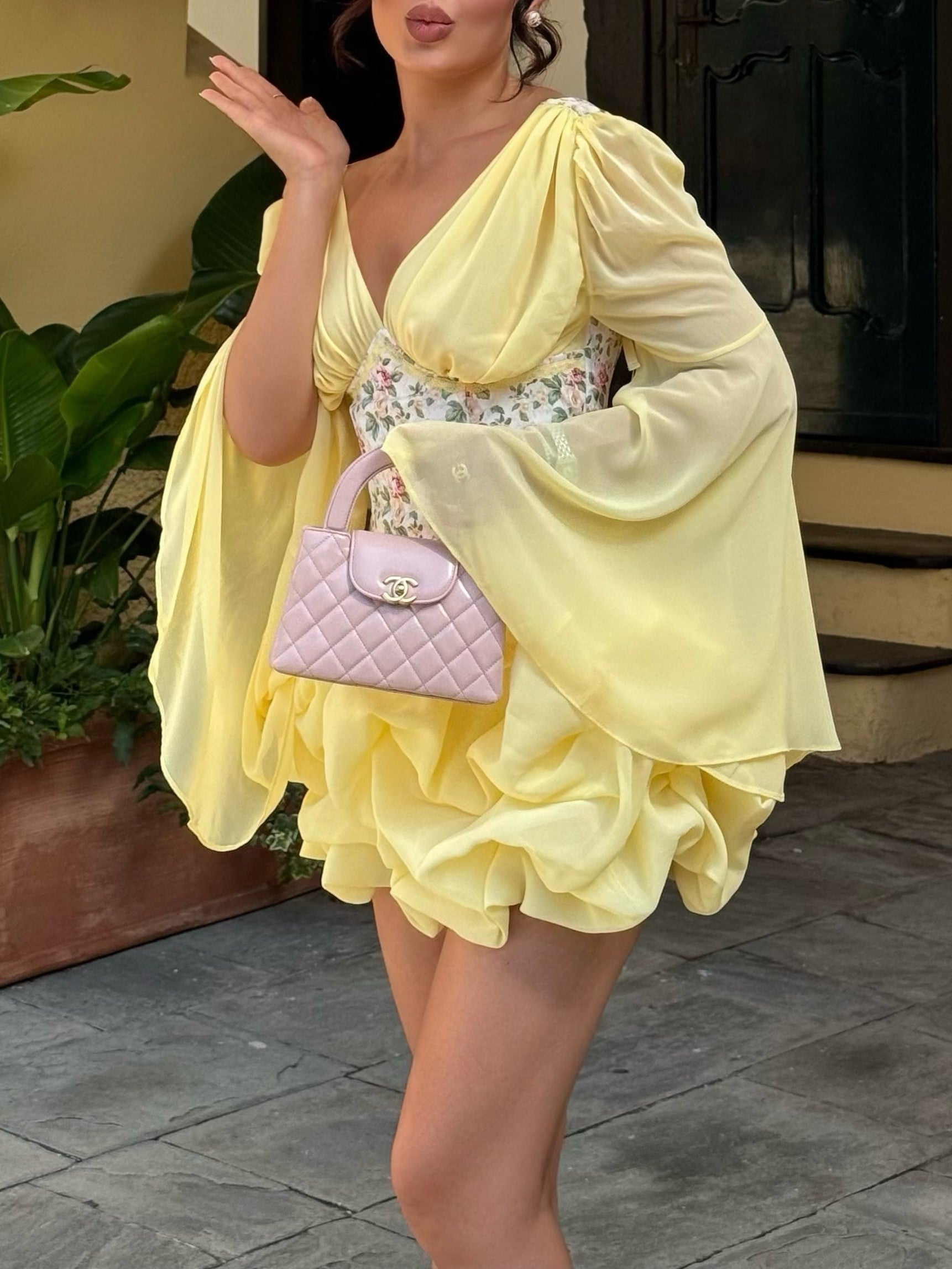 Yellow Floral Corset Ruffle Mini Dress