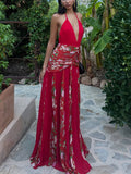 Red Floral Pleated Halter Maxi Dress