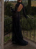Black Floral Lace High Neck Maxi Dress