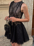 Black Lace Tulle Flared Mini Dress