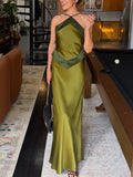 Olive Green Satin Halter Maxi Dress