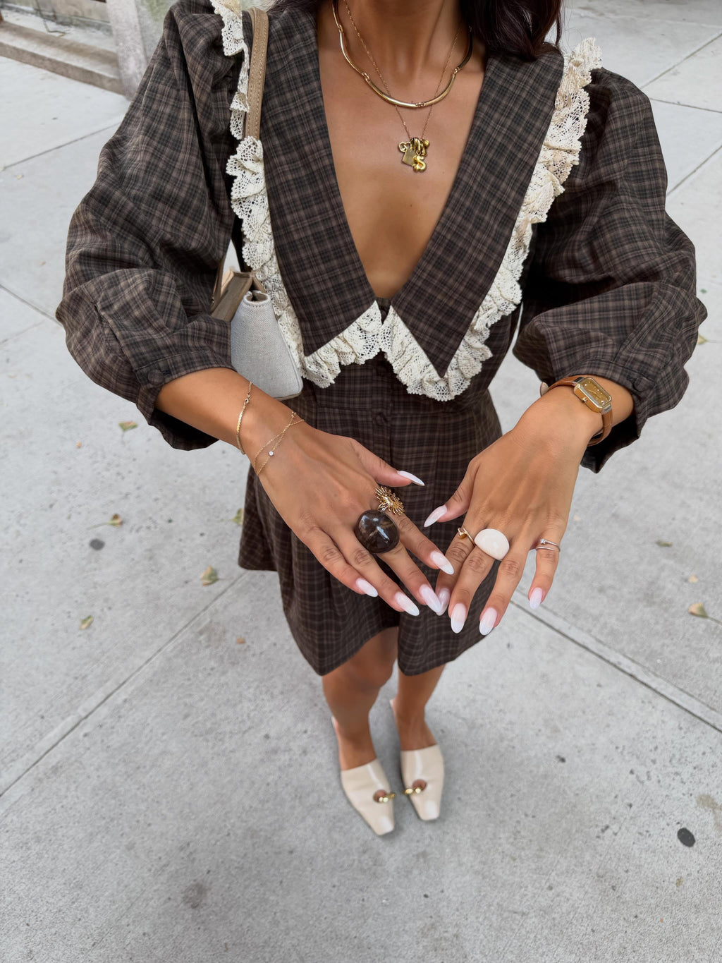 Brown Plaid Lace Collar Mini Dress