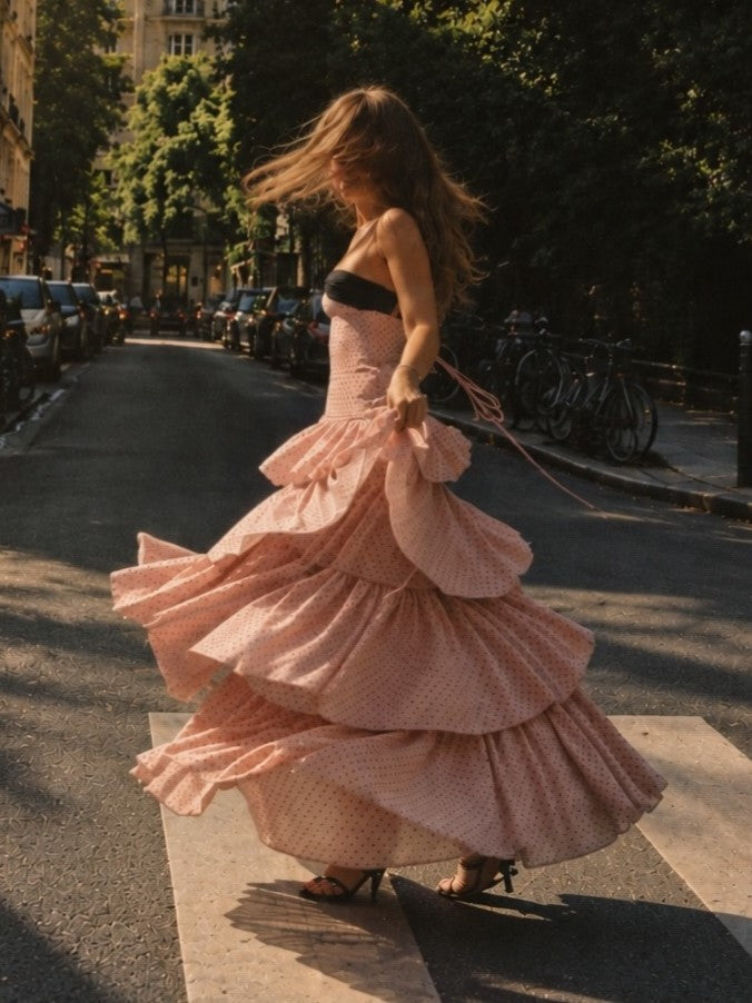Polka Dot Ruffle High-Low Dress