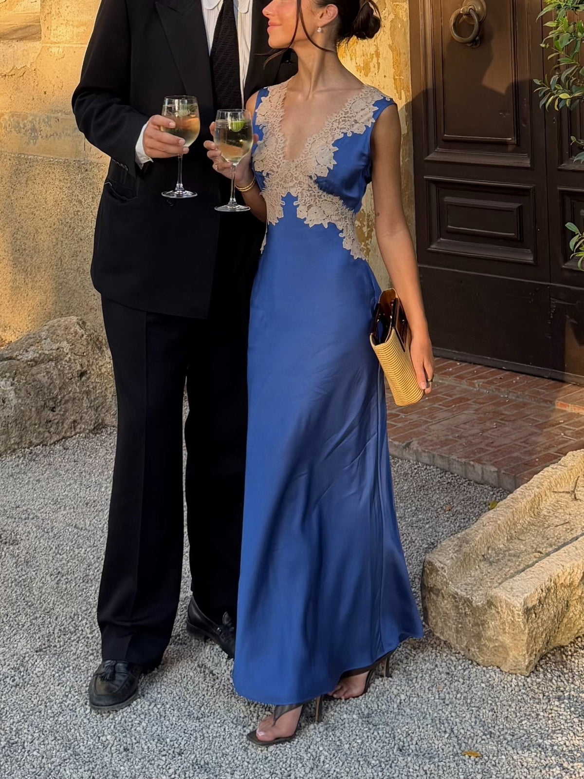Blue Lace Trim Maxi Dress