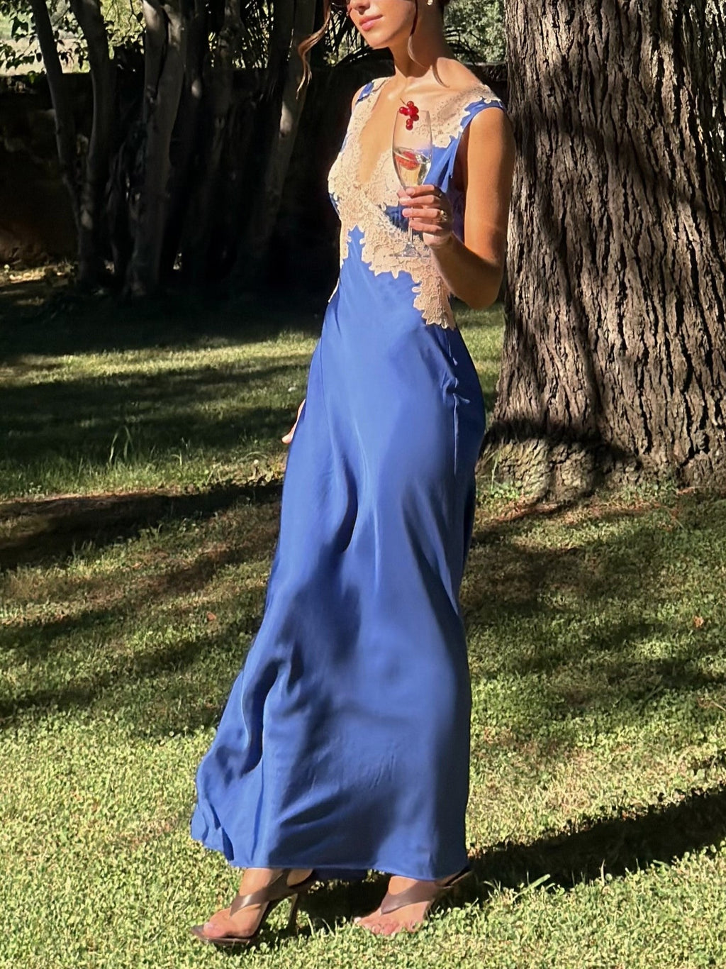 Blue Lace Trim Maxi Dress