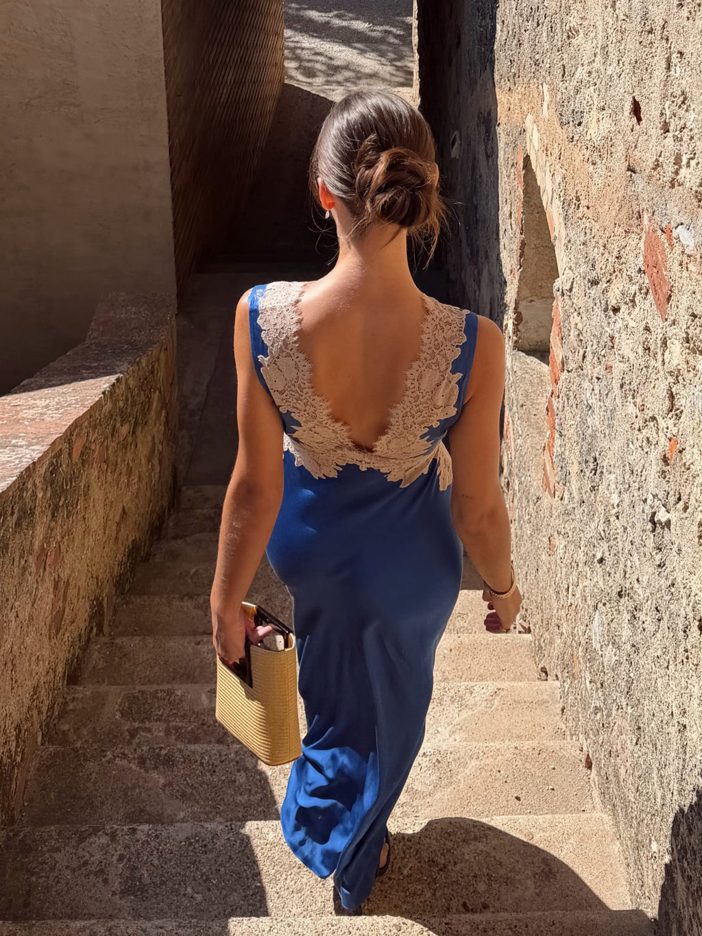 Blue Lace Trim Maxi Dress