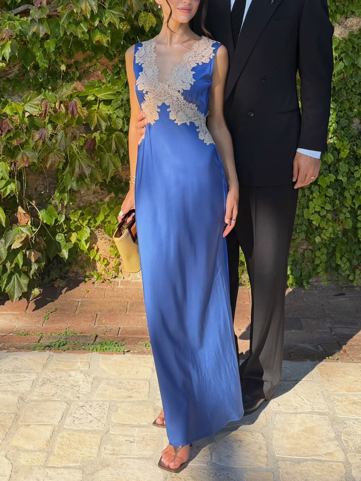 Blue Lace Trim Maxi Dress