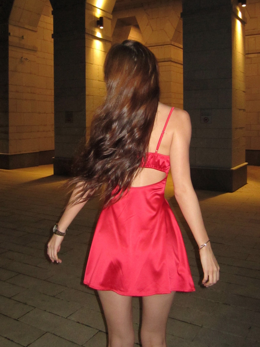 Red Satin Lace Trim Mini Dress