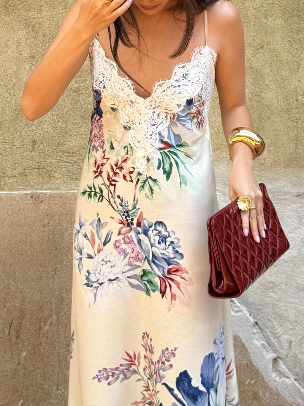 Cream Floral Lace Trim Maxi Dress