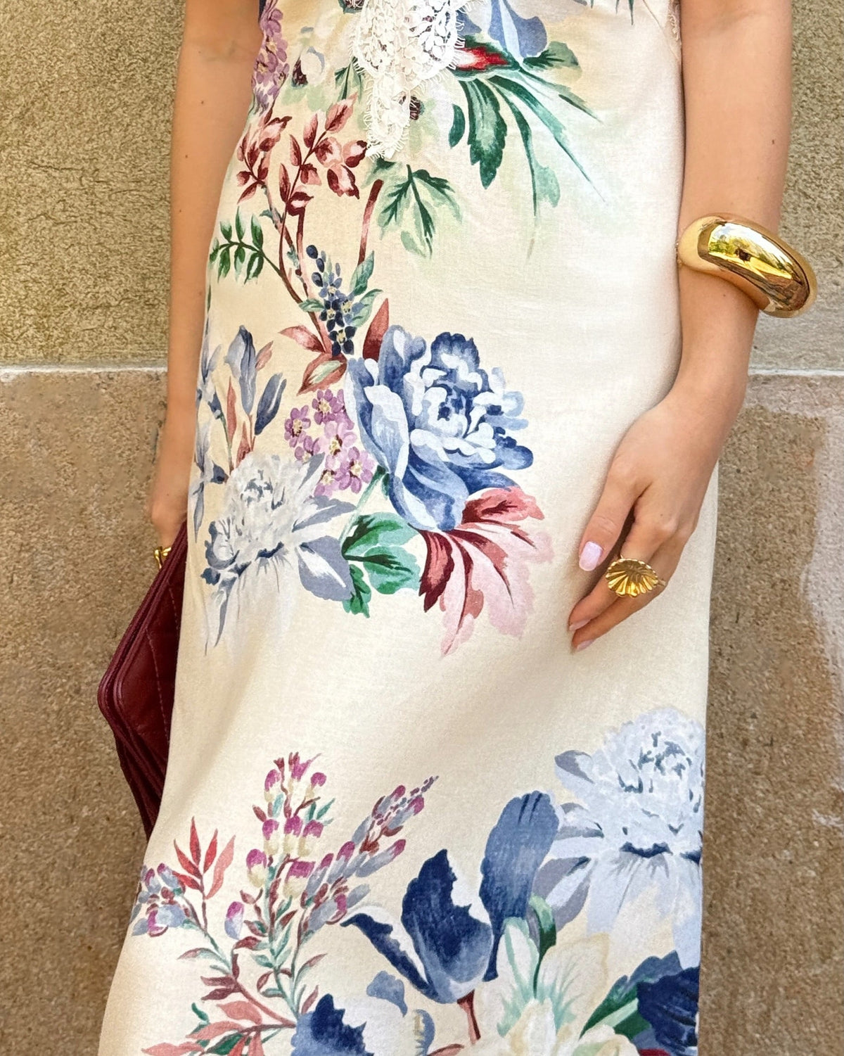 Cream Floral Lace Trim Maxi Dress