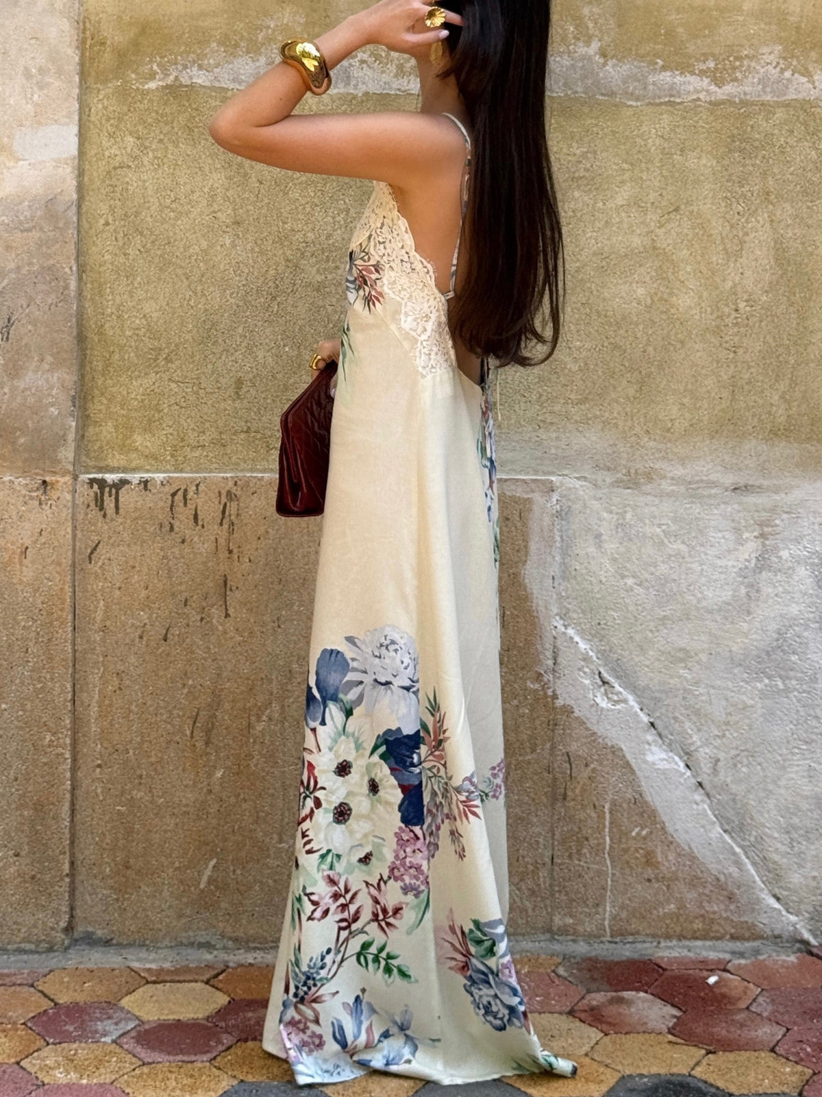 Cream Floral Lace Trim Maxi Dress