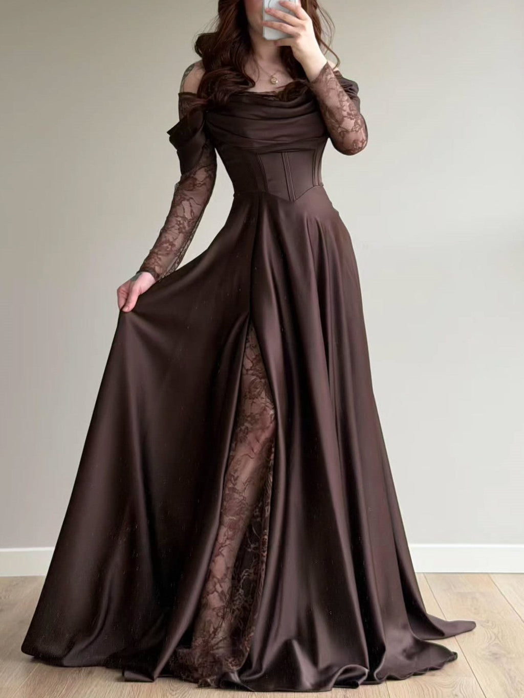 Brown Satin Lace Overlay Maxi Dress