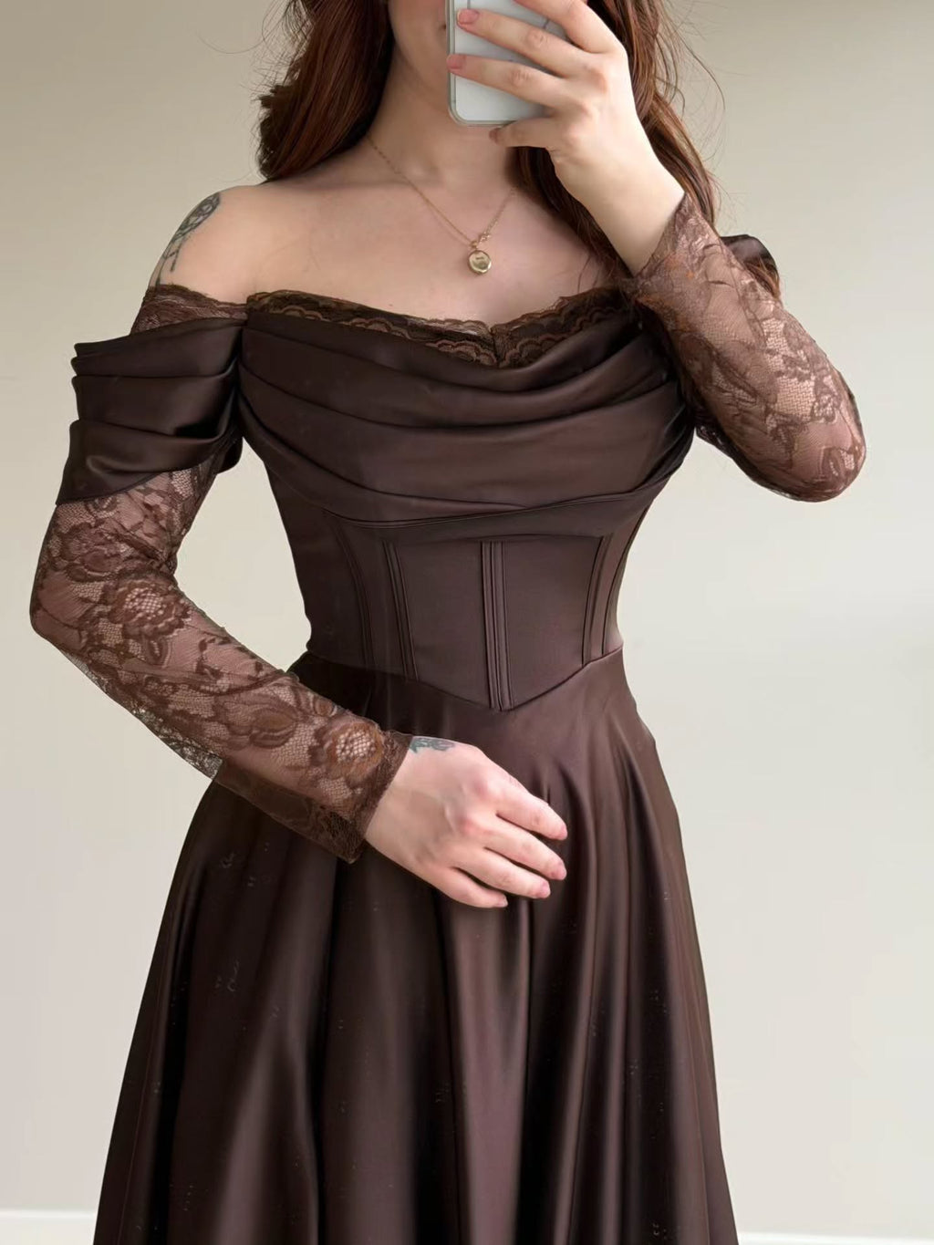 Brown Satin Lace Overlay Maxi Dress