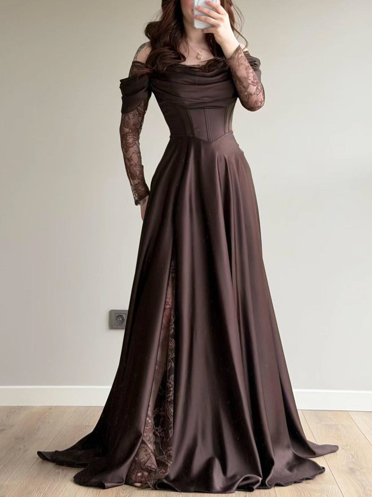 Brown Satin Lace Overlay Maxi Dress