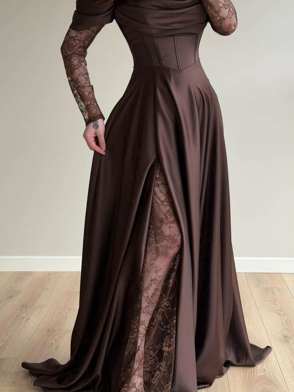 Brown Satin Lace Overlay Maxi Dress