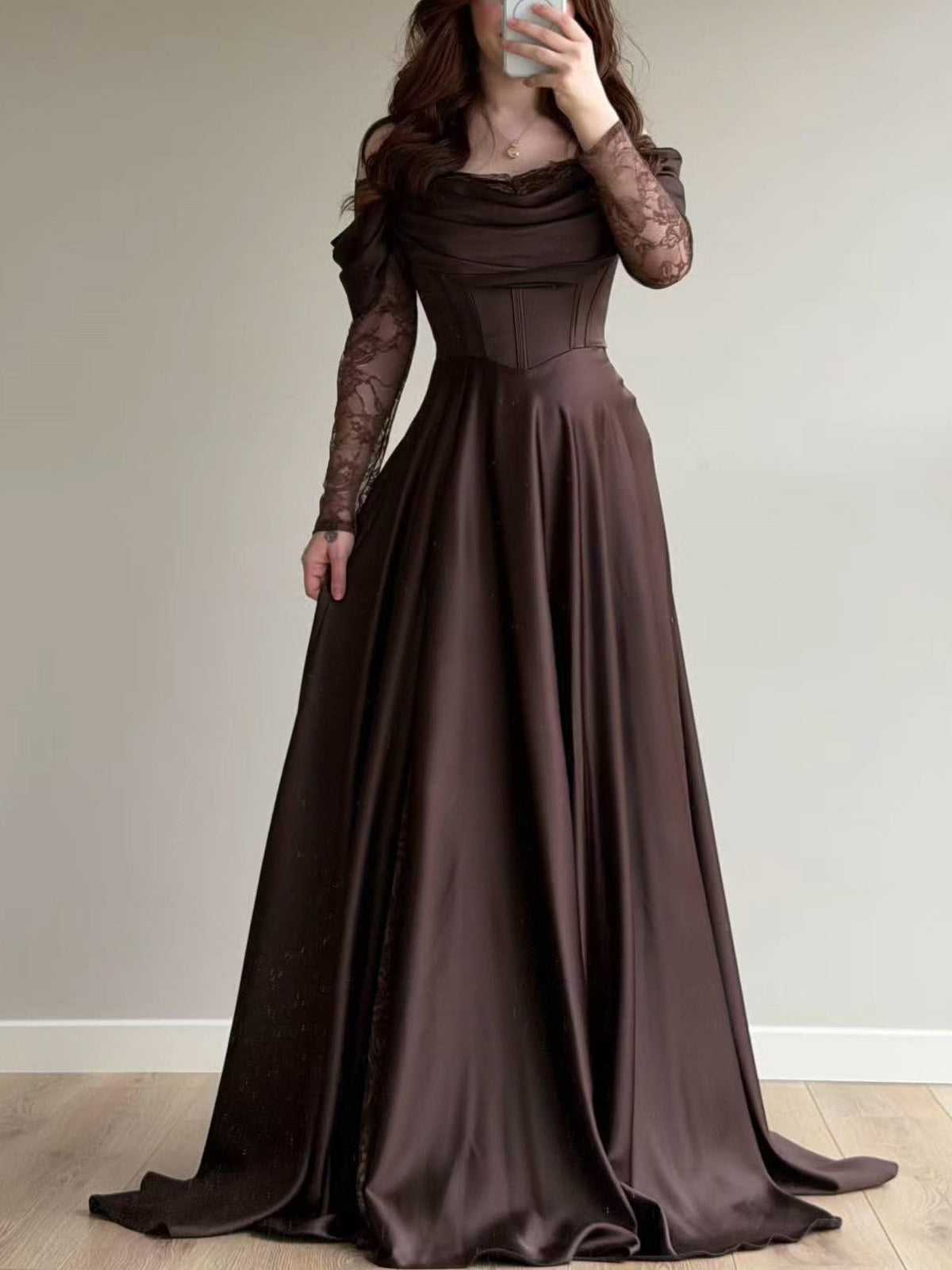 Brown Satin Lace Overlay Maxi Dress