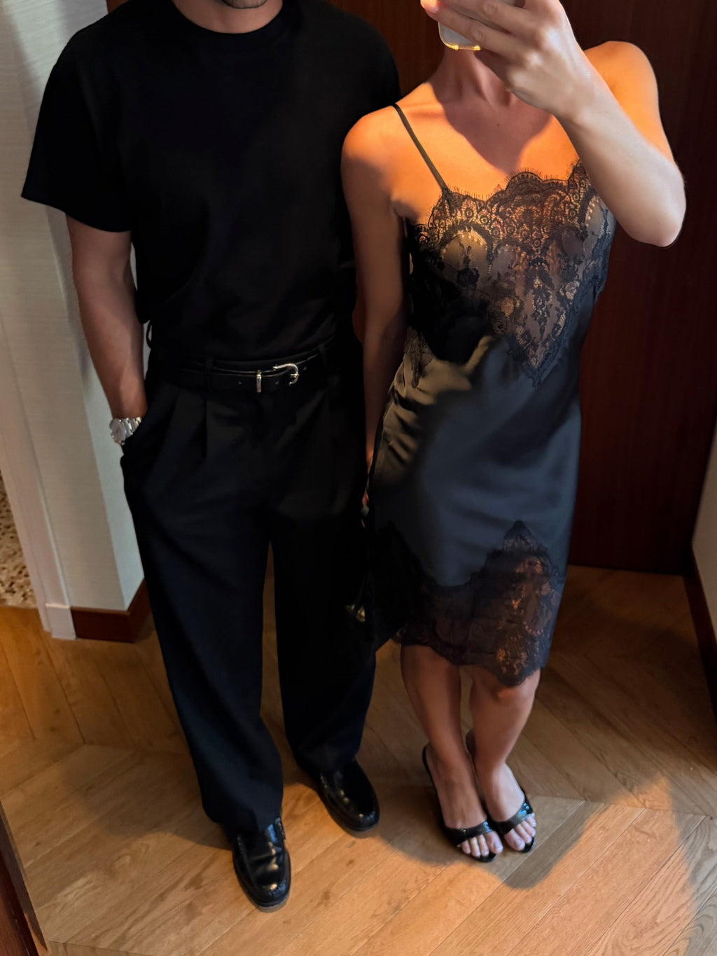 Black Satin Lace Trim Midi Dress
