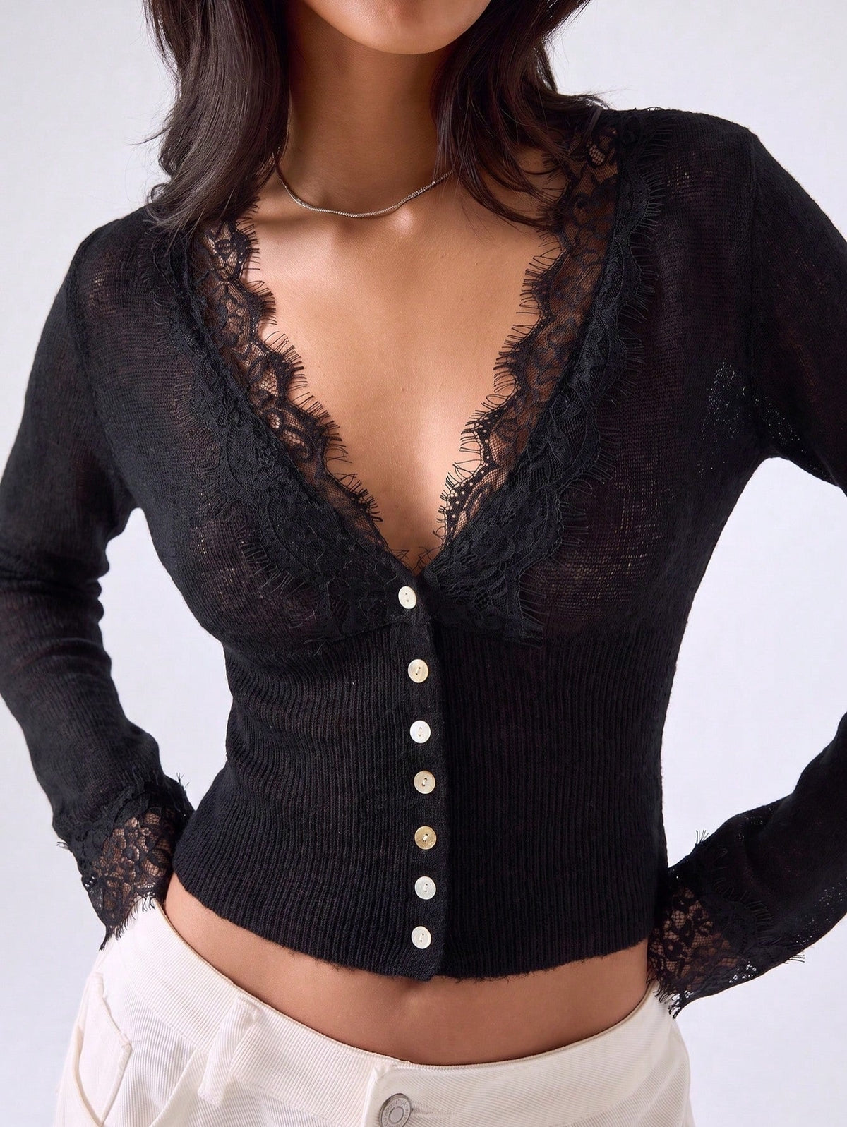 Cream Lace Trim Knit Cardigan