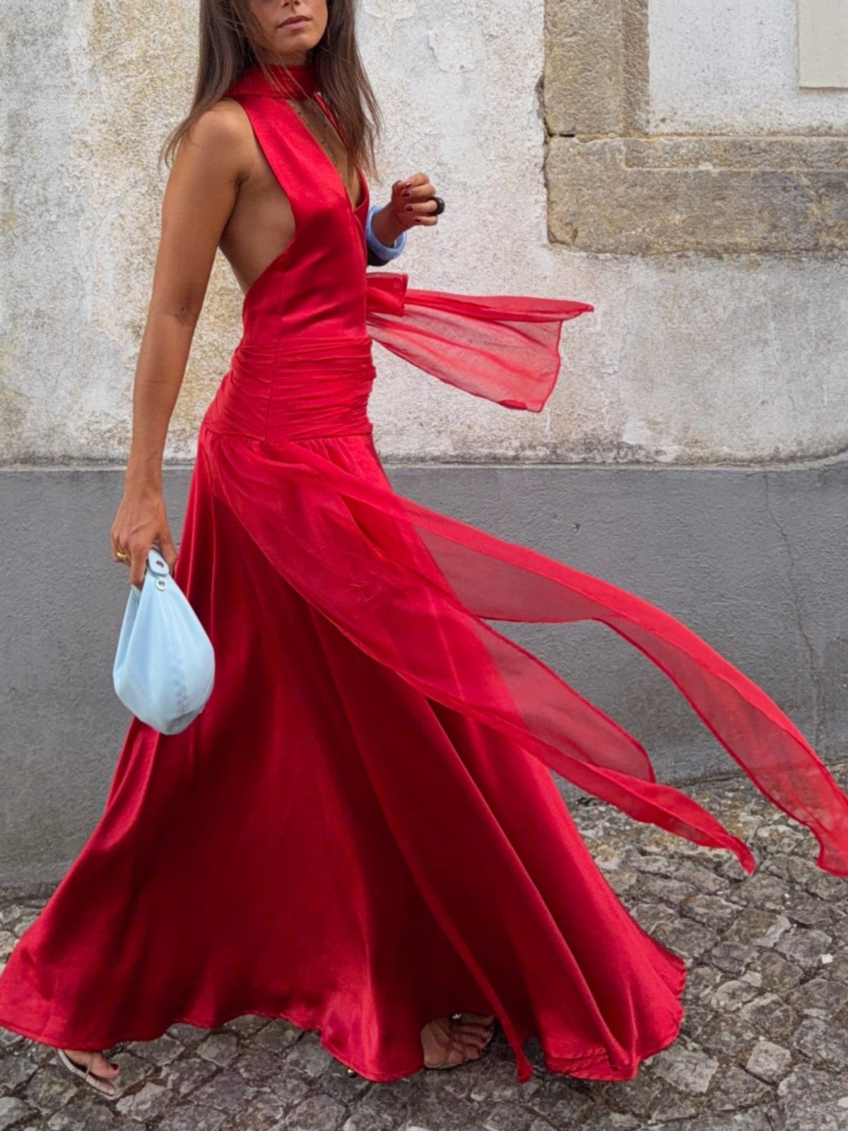 Red Satin Draped Maxi Dress