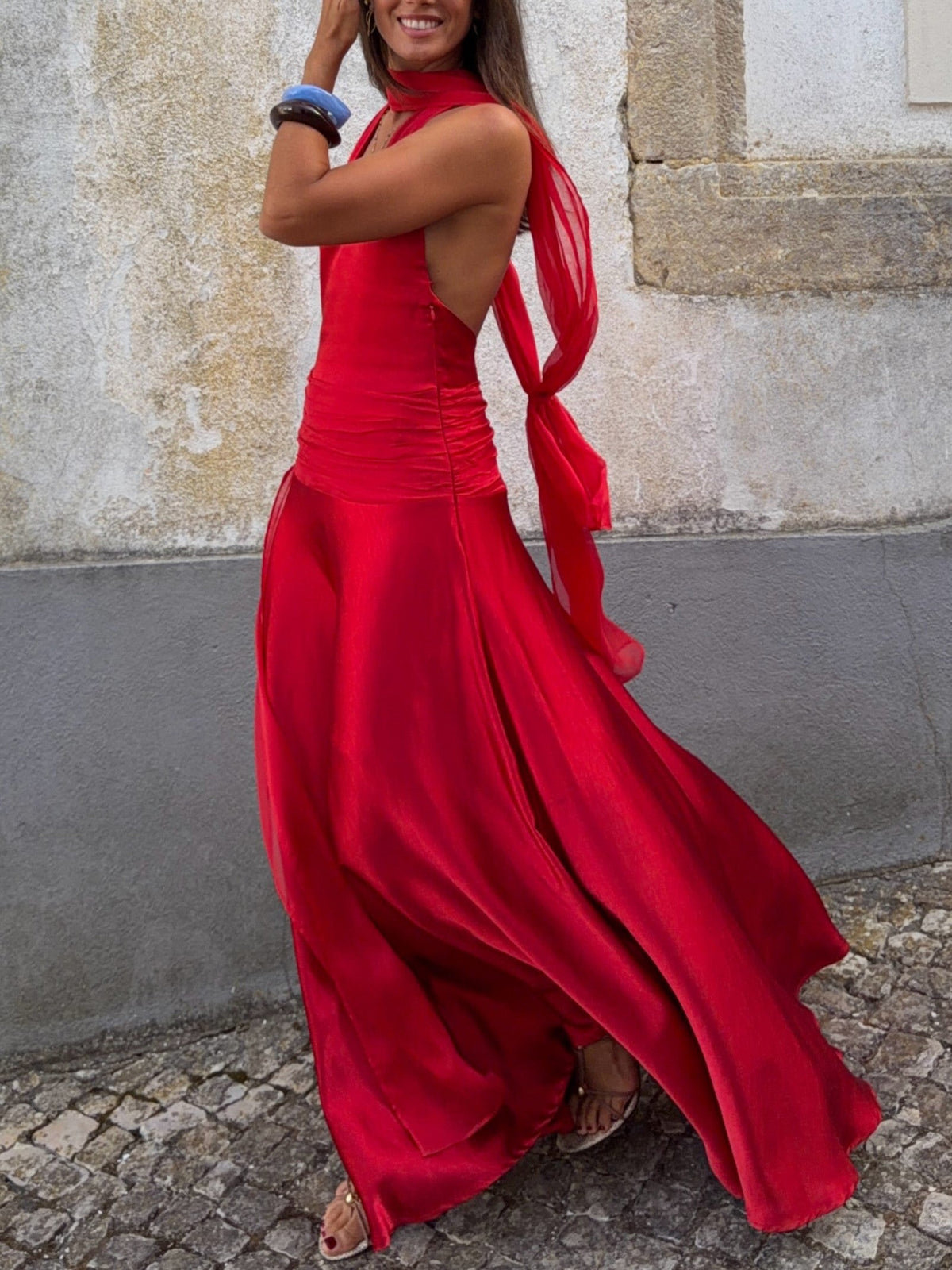 Red Satin Draped Maxi Dress