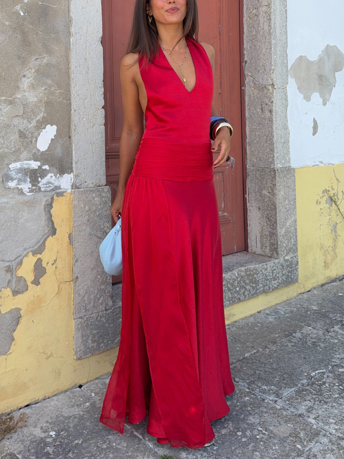Red Satin Draped Maxi Dress