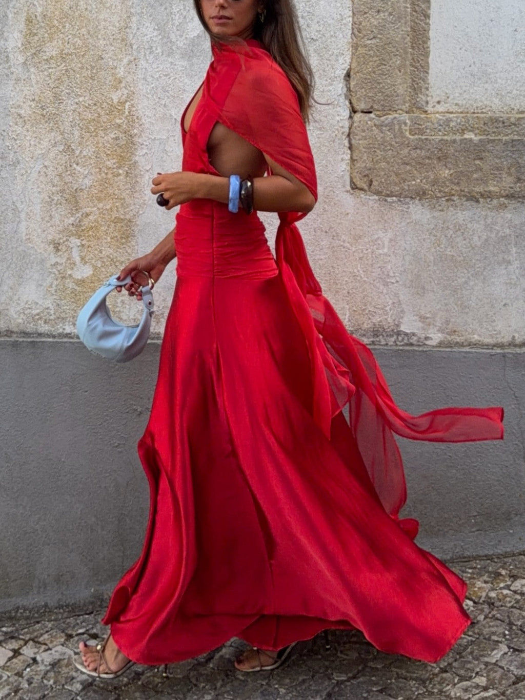 Red Satin Draped Maxi Dress