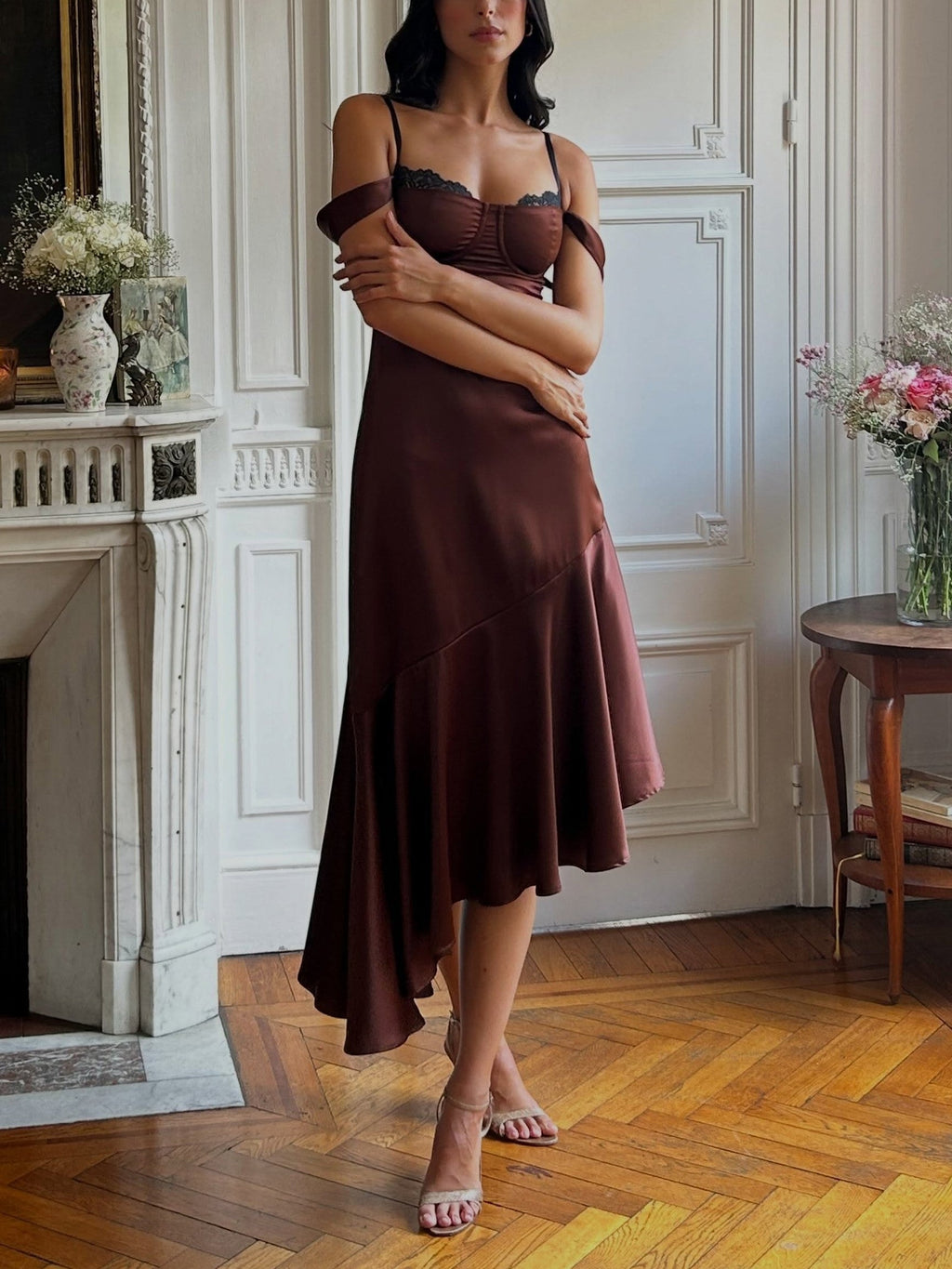Brown Satin Off-Shoulder Midi Dress