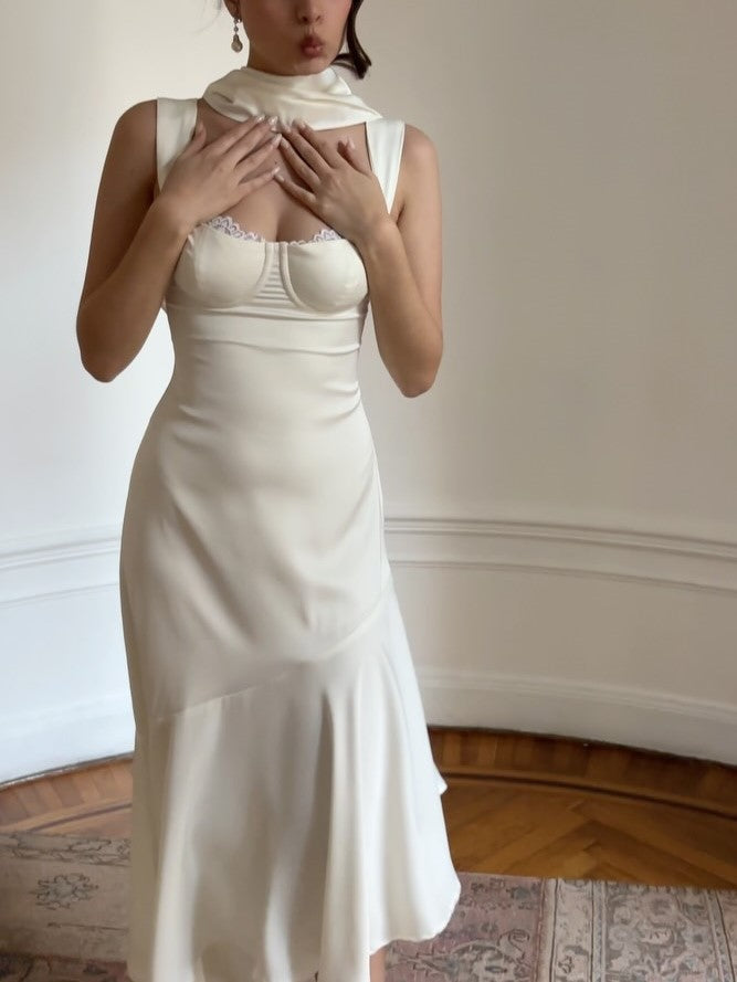 Brown Satin Off-Shoulder Midi Dress