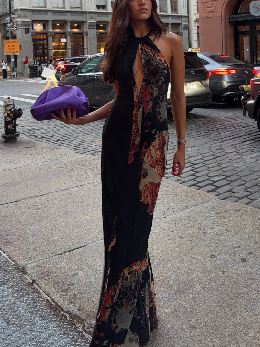Black Floral Halter Open Back Maxi Dress