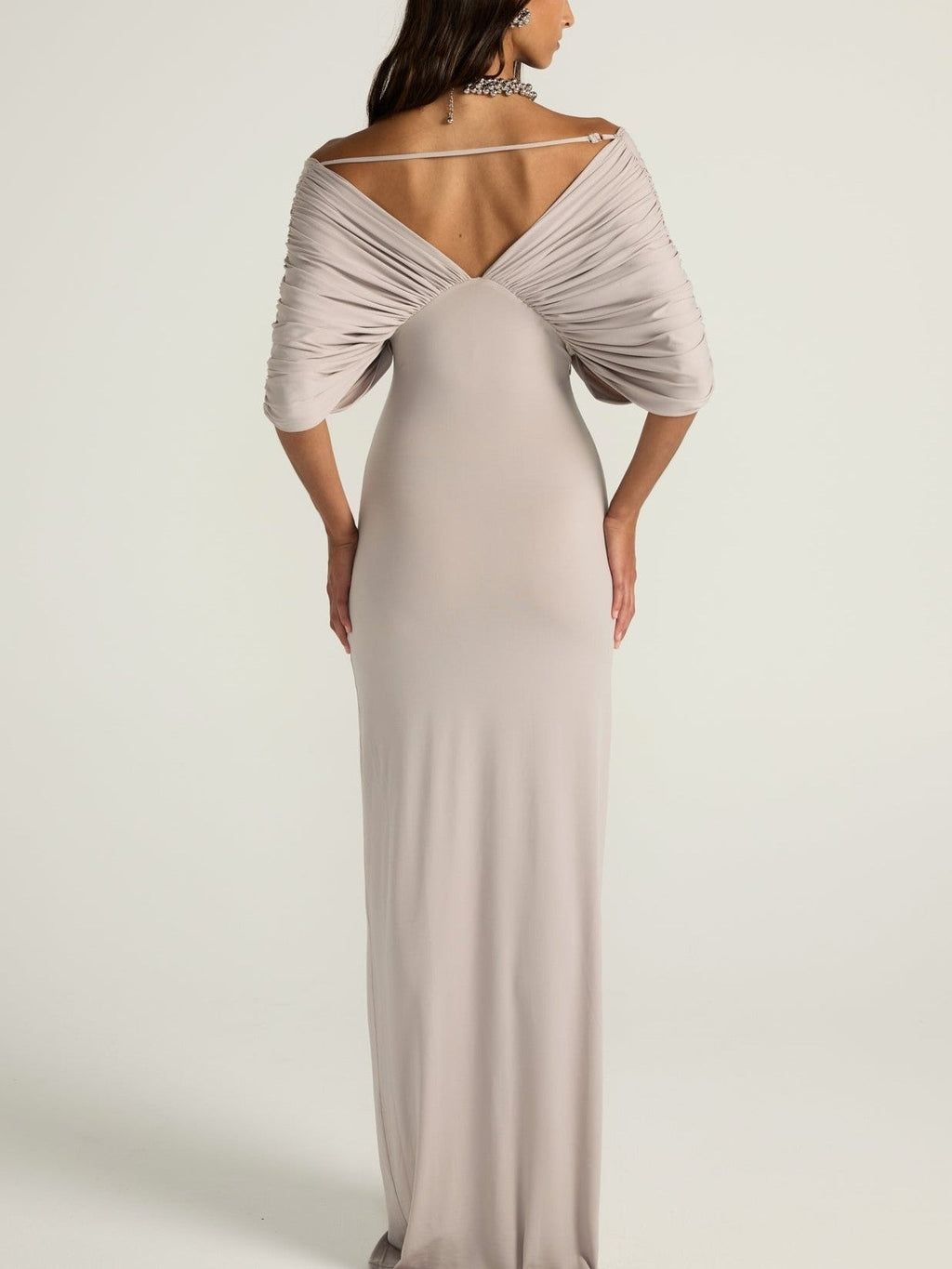 Grey Draped Off-Shoulder Maxi Dress