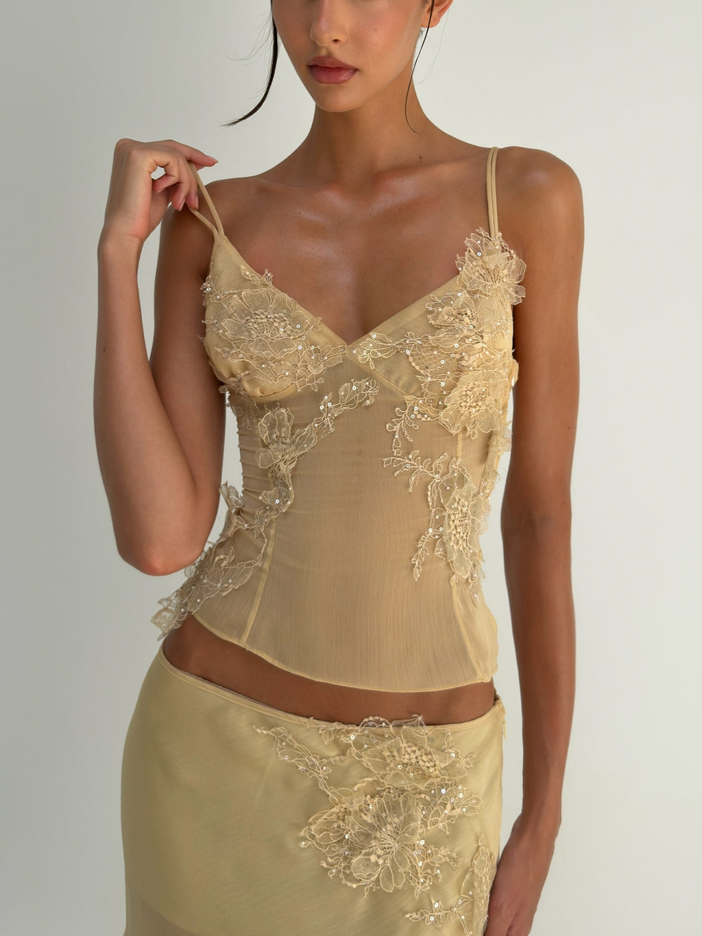 Yellow Lace Applique Midi Dress Set