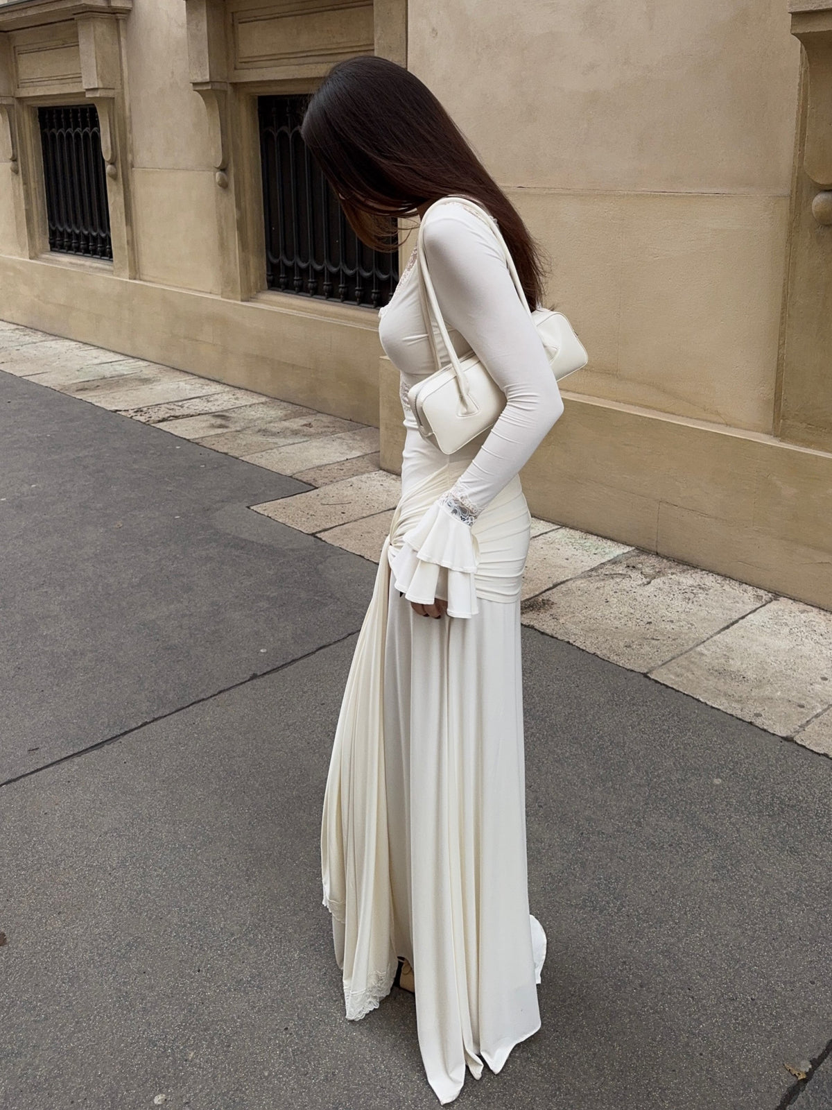 Cream Lace Trim Ruched Maxi Dress