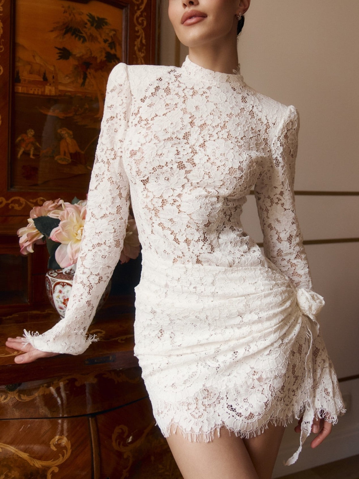 White Sheer Lace Ruffle Mini Dress