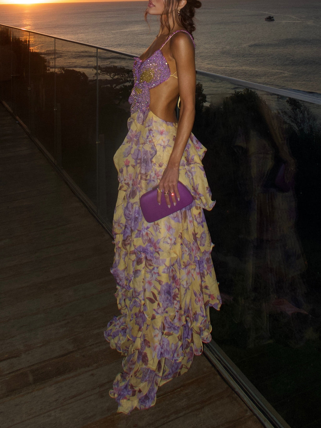 Yellow Purple Floral Tiered Maxi Dress