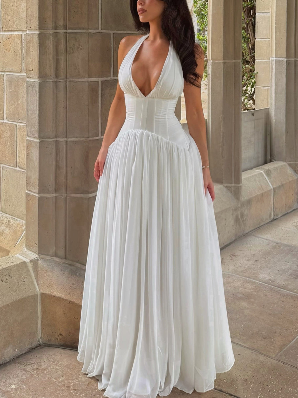 White Halter Corset Pleated Maxi Dress