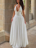 White Halter Corset Pleated Maxi Dress