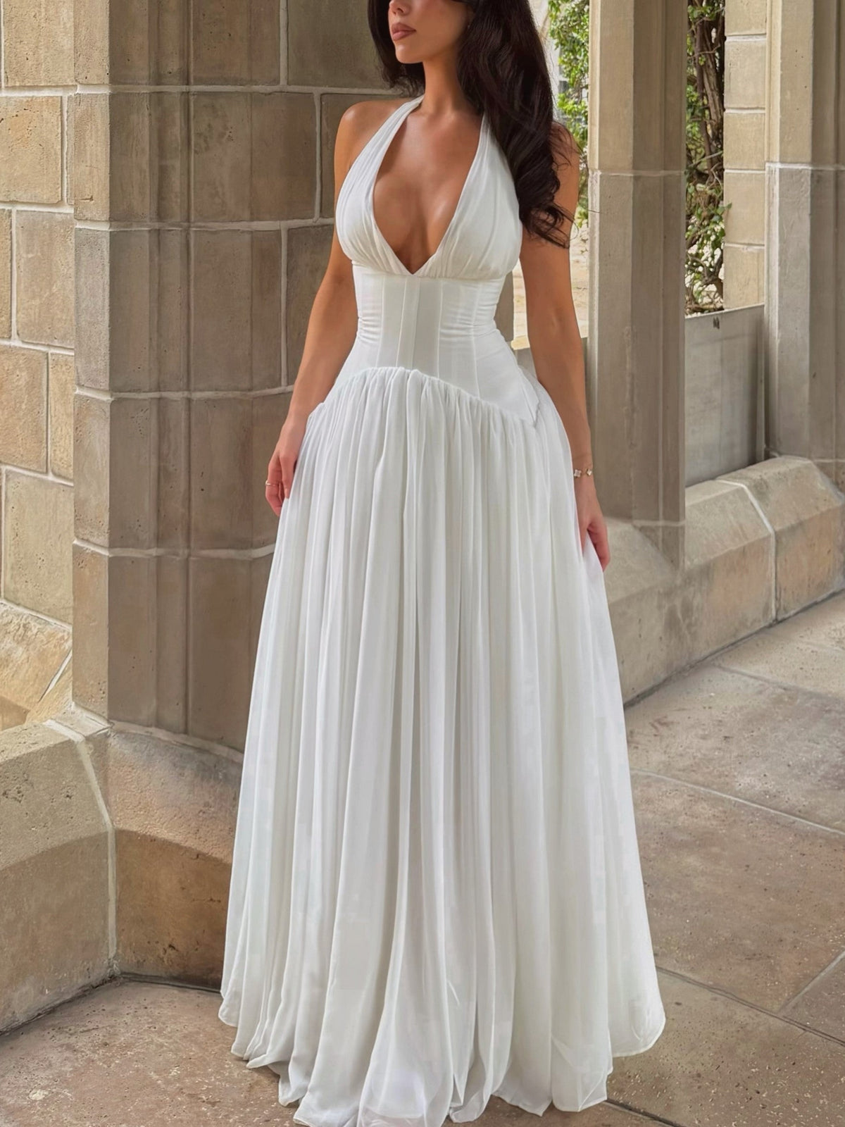White Halter Corset Pleated Maxi Dress