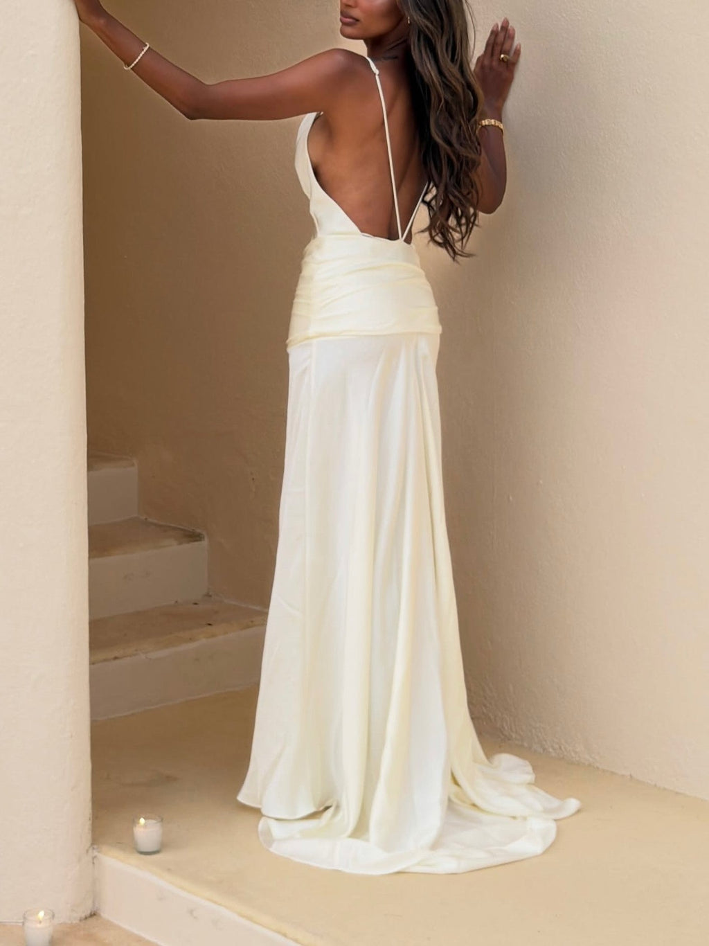Cream Satin V-Neck Ruched Maxi Dress