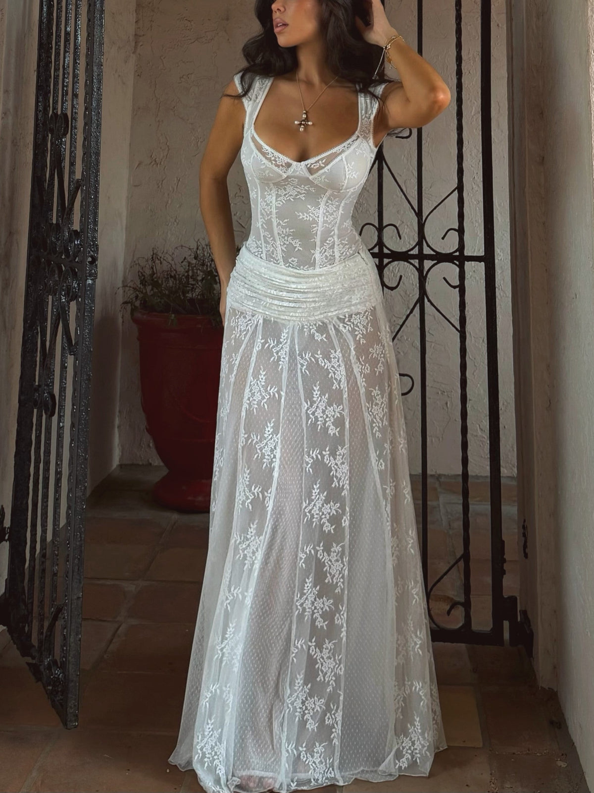 White Lace Corset Maxi Dress