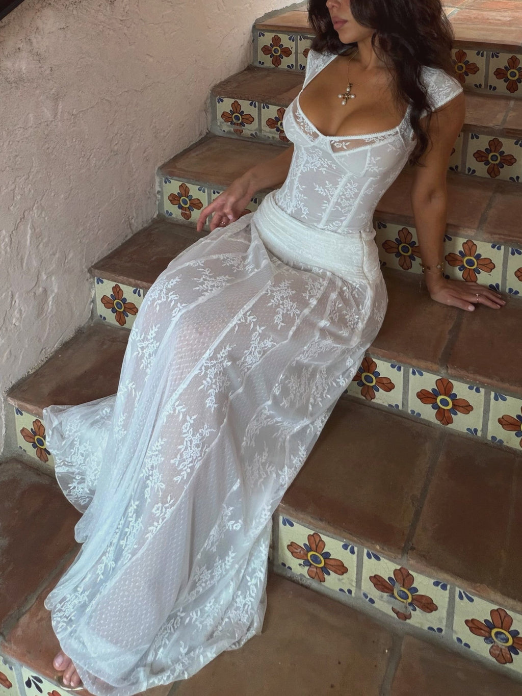 White Lace Corset Maxi Dress