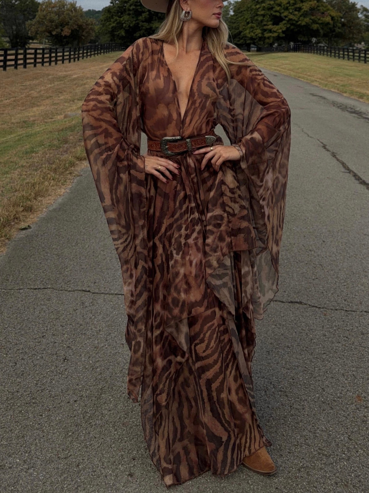 Brown Leopard Print Sheer Maxi Dress