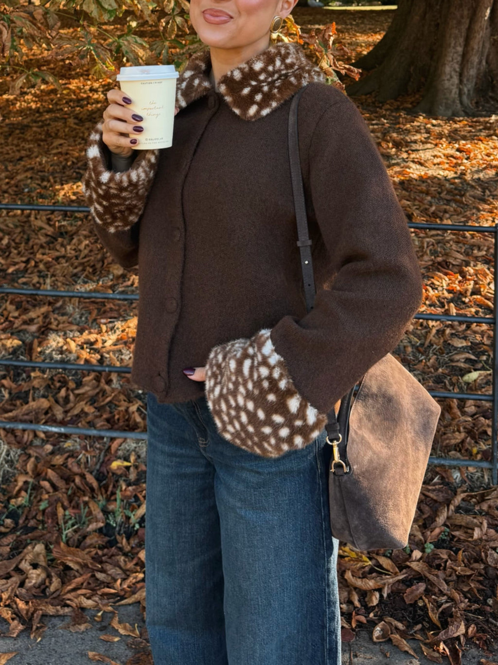 Brown Faux Fur Trim Open Front Jacket