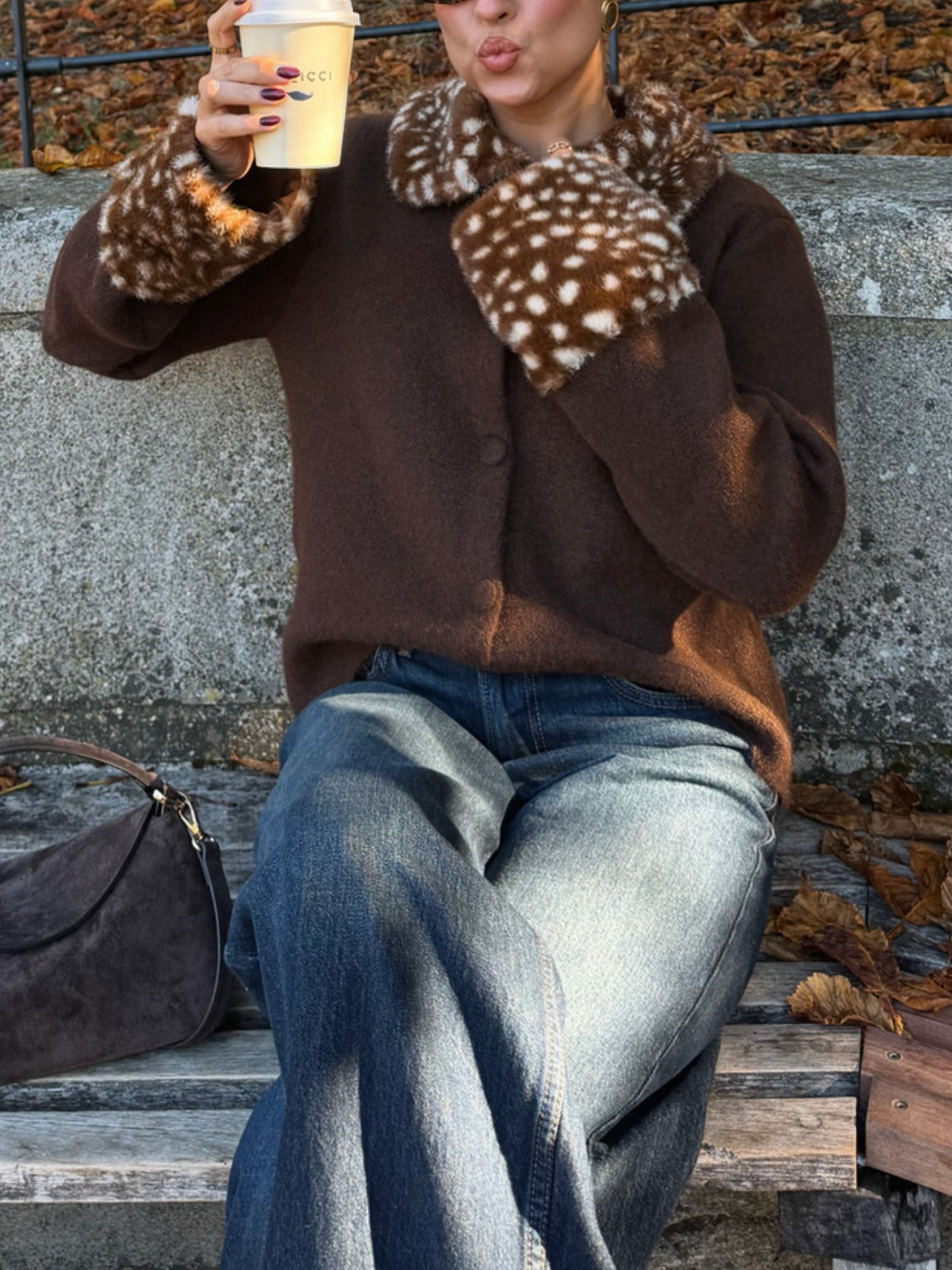 Brown Faux Fur Trim Open Front Jacket
