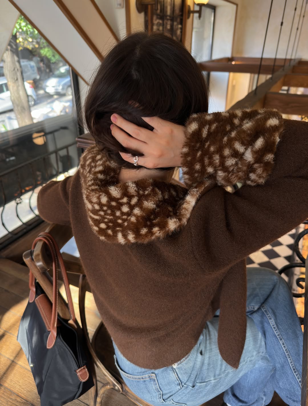 Brown Faux Fur Trim Open Front Jacket