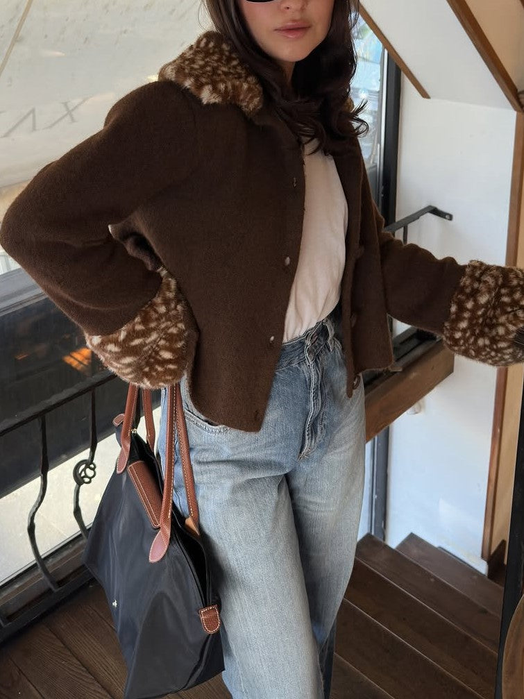Brown Faux Fur Trim Open Front Jacket