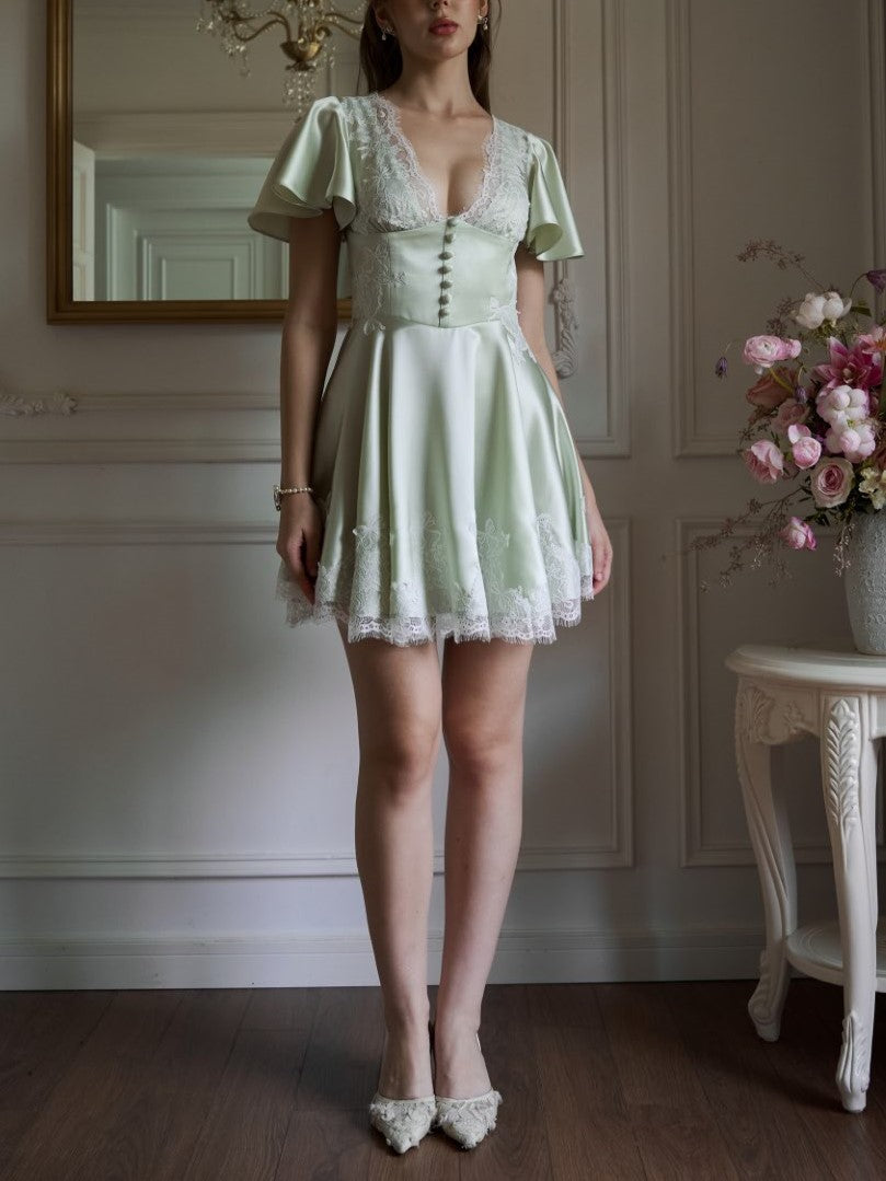 Pink Lace Trim Butterfly Sleeve Fit and Flare Mini Dress